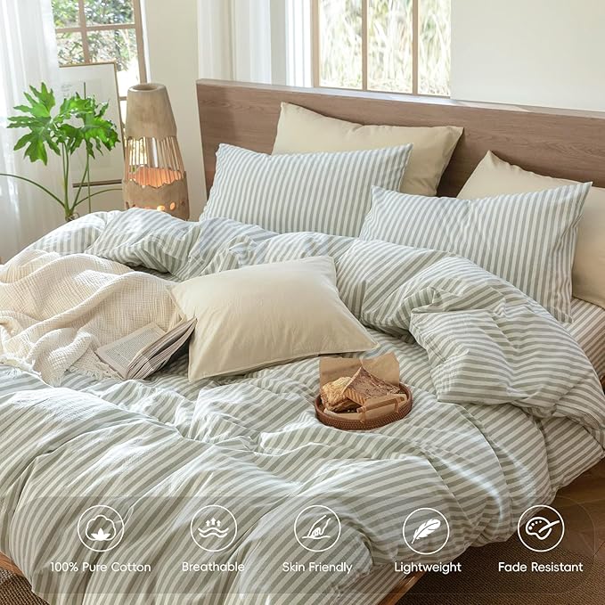 MooMee Striped Duvet Cover Set 100% Washed Cotton Linen Like Textured Breathable Durable Soft Comfy (Sage Green White Classic Stripes, Super Queen 90"x98")