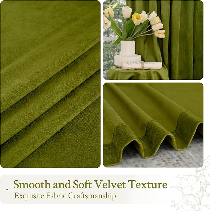 LAMIT Moss Green Velvet Blackout Curtains 84 Inch, Vintage Thermal Insulated Room Darkening Drapes for Living Room Back Tab and Rod Pocket Privacy Window Panels for Bedroom, 2 Panels, 52 x 84 Inch