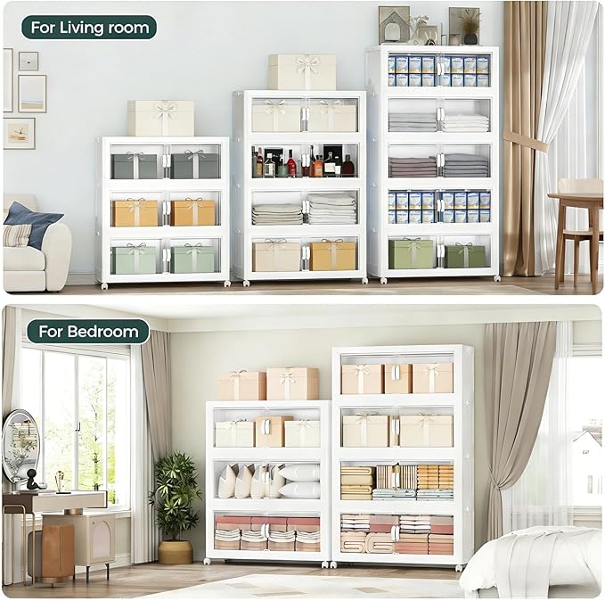 480QT Extra Large Stackable Storage Bins with Lid, 120Gal Collapsible Storage Box with Wheels and Doors, Plastic Closet Organizers and Storage Cabinet for Home Kitchen Office Dorm, 4Pack White