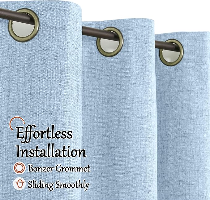 Baby Blue Linen Blackout Curtains for Nursery 63 Inch Length 2 Panels Set, Thermal Insulated Boho Total Black Out Noise Reducing Bonzer Grommets Window Curtains for Kids Bedroom, Each 38 Inch Wide