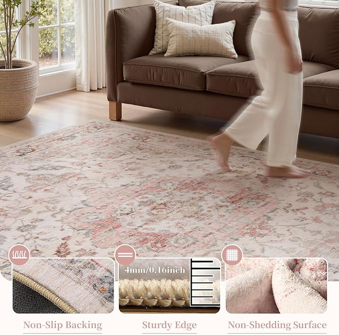 PADOOR 6FT Round Rug,Rugs for Living Room,Soft Pink Circle Rug,Machine Washable Rugs for Bedroom,Non Slip Carpet,Rug for Dining Room Living Room Bedside Office
