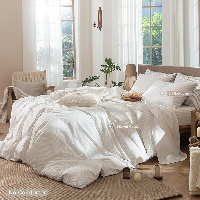 MooMee Striped Duvet Cover Set 100% Washed Cotton Linen Like Textured Breathable Durable Soft Comfy (White Almond Milk Grey Wide Stripes, Super Queen 90"x98")
