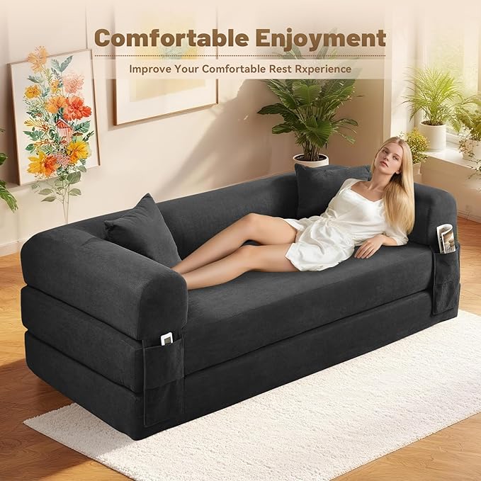 Convertible Futon Sofa Bed,80" Folding Pull Out Couch Bed with Pillows & Storage,Queen Sleeper Sofa Bed,Compressed Couch in a Box,Corduroy Boneless Couches for Living Room,Deep Gray