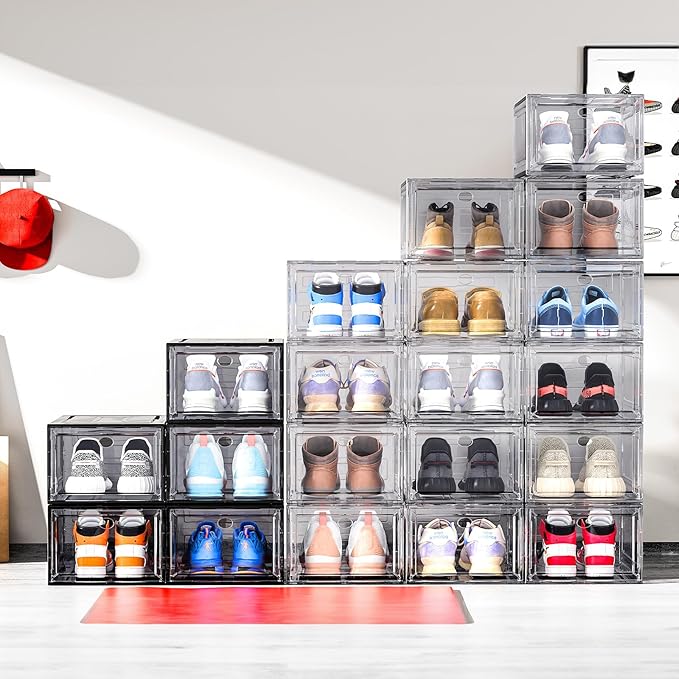 Upgrade Harder Solid Plastic Shoe Organizer, Shoe Storage with Magnetic Front Door, Shoe Rack 6 Pack Shoe Boxes Clear, Sneaker Storage, Shoe Organizer for Closet, Shoe Display Case, Black