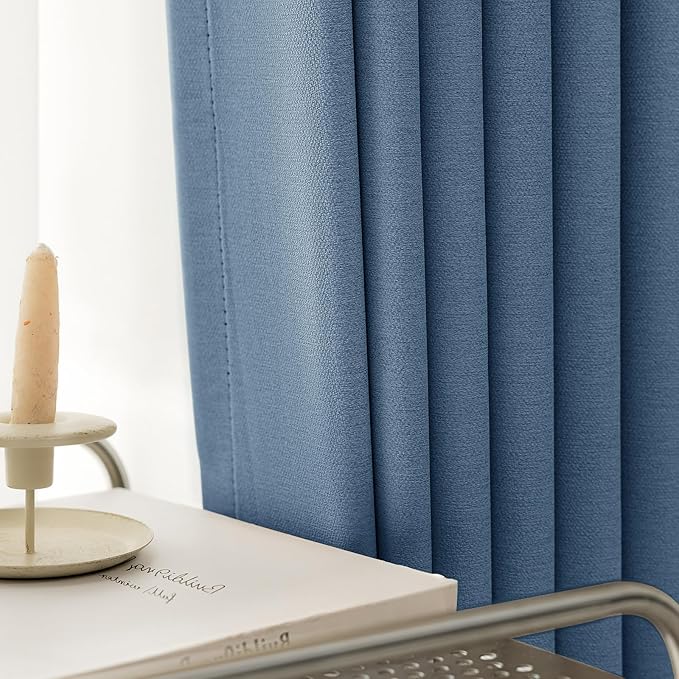 100% Blackout Curtains 72 inch Length 2 Panels Set for Dining Room Master Room, Thick Soft Linen-Look Textured Full Light Blocking Room Darkening Thermal Insulated Drapes (W52xL72, Blue)