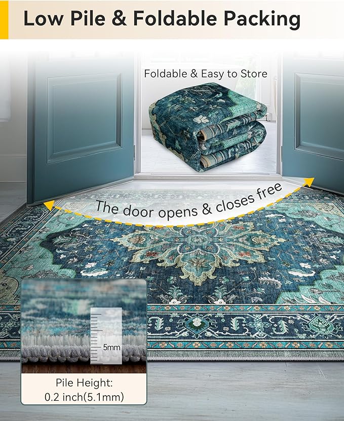 Area Rugs 7'x10' Washable Non-Slip, Floral Vintage Distress Print Pattern Medallion Carpet for Living Room Bedroom Dining Room, Teal Green Lake Blue Turquoise