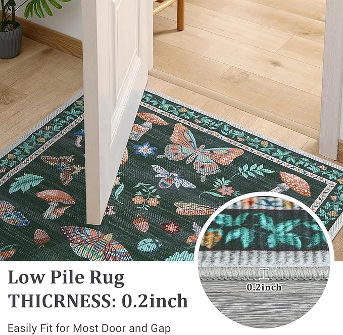 Mushroom 3x5 Rug Washable Non-Slip Small Indoor Rugs for Entryway with Rubber Back Soft Low-Pile Stain Resistant Foldable Carpet for Kitchen Bedroom Living Room Mat Black