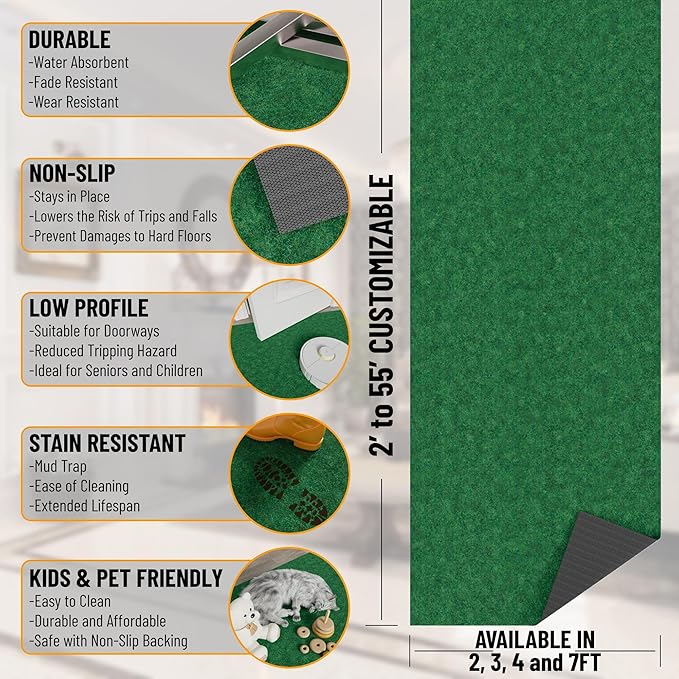 Ottomanson 6'6" x 10' Mud Mat Area Rug Scraper Carpet - Non-Slip, Dirt Trapping for Indoor & Outdoor Use - Ideal for Entryway, Garage, Kitchen, Patio & High-Traffic Areas, Green