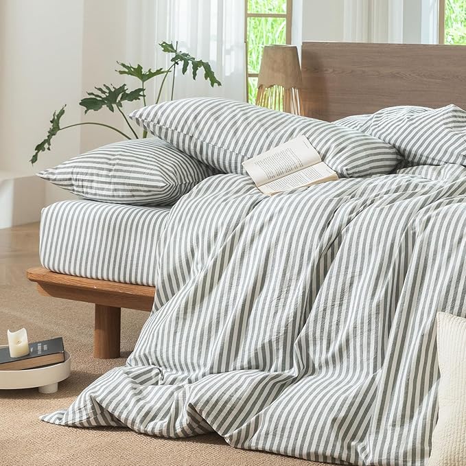 MooMee Striped Duvet Cover Set 100% Washed Cotton Linen Like Textured Breathable Durable Soft Comfy (Heathered Green Classic Stripes, Super King 108"x98")