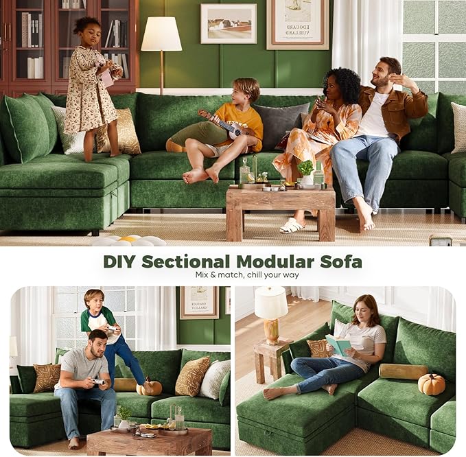 ABCASA Luxury Modular Sectional Sofa, L-Shaped 3-Seat Couch with Storage Ottoman Deep Seat & Reversible Chaise Lounge Chenille Green for Compact Spaces, Apartments, Dorm