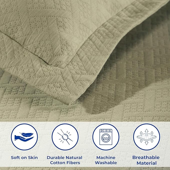 Superior 2 Piece Basketweave Cotton Bedspread Set, Home Bed Decor, Decorative Bed Spread, 1 Pillow Sham, Medium Weight Blanket, Matelasse Coverlet Bedding, Geometric Lattice Pattern, Twin, Sage