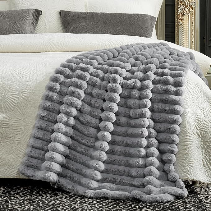 Cozy Bliss Faux Fur Throw Blanket for Couch, Cozy Warm Plush Striped Blanket for Sofa Bedroom Living Room, 60 * 80 Inches Gray