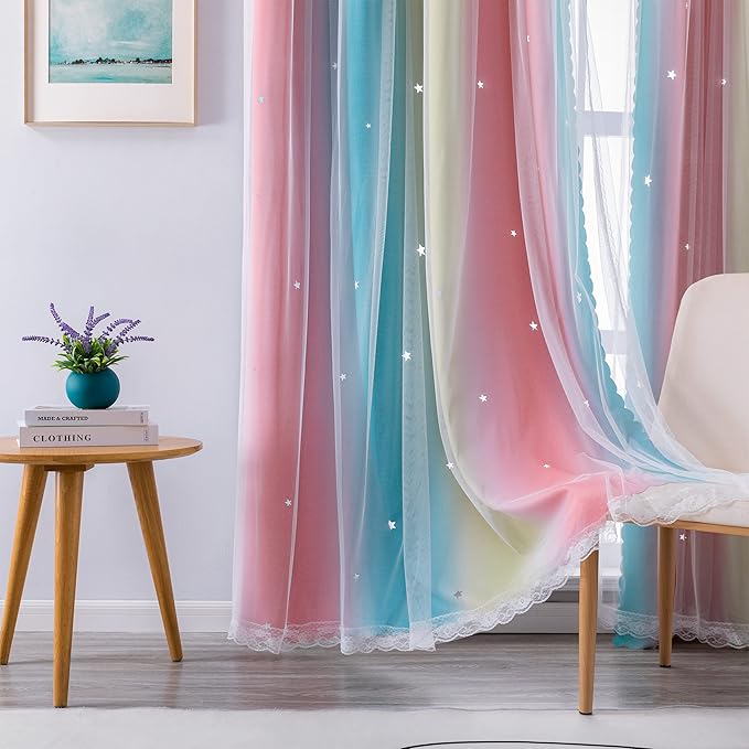 XiDi Curtains for Bedroom Decor, Rainbow Pink-Blue-52-54