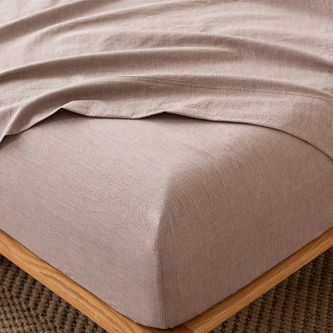 MooMee Fitted Bottom Sheet Only 100% Washed Cotton Linen Like Textured Breathable Durable Soft Comfy Deep Pocket Fits Mattress up to 17" (Mauve Brown, Twin)