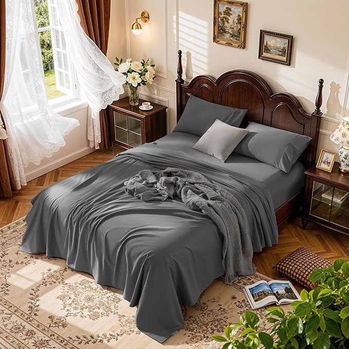 LBRO2M 1000 Thread Count 100% Cotton Sheets Set,California King Size Bed Sheet 4 Piece Sets,Long Staple,16 Inches Deep Pocket,All Season,Bedding Super Soft Comforterble Breathable(Dark Grey)