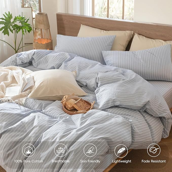 MooMee Striped Duvet Cover Set 100% Washed Cotton Linen Like Textured Breathable Durable Soft Comfy (Cornflower Blue White Wide Stripes, Oversized Queen 98"x98")