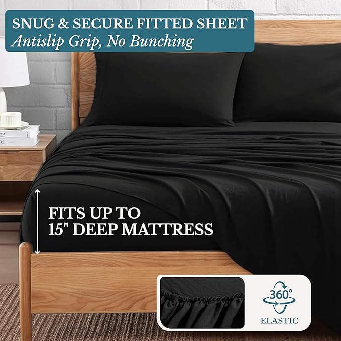 Casa Platino Ultra Soft Microfiber Bedding, Full Size Sheet Set with 15 inch Deep Pockets - Black