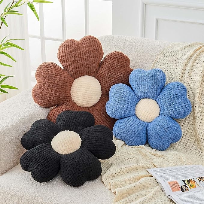 Kcvvcr Flower Throw Pillow, Cute Flower Shaped Pillow Decorative Throw Pillow for Bed Couch, Soft Daisy Pillows Floor Seating Cushion Cushions (14.9 Inch Black)