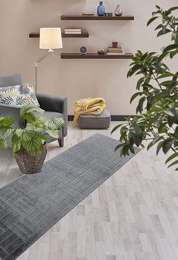 6 FT Long Non-Slip Washable Carpet Runner Rug with Rubber Backing, Custom Floor Mat for Kitchen Hallway Stairs Bedroom Bathroom Entry, Bricks Anthracite Grey, Your Choice of Length, (26" X 6')