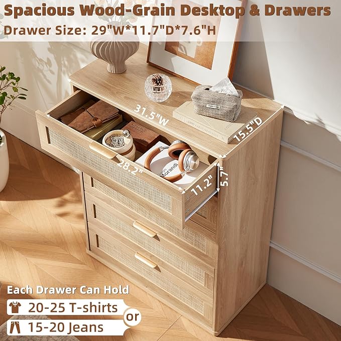 LEYAOYAO Rattan Dresser for Bedroom, 41" Tall Chest of Drawers, Modern 5 Drawers Boho Dressers with Storage, Light Oak Dresser Wooden Closet Organizer for Living Room, Hallway, Natural Wood