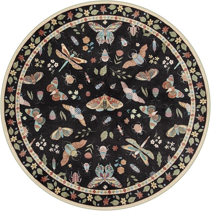 Lahome Insect Washable Round Area Rug, Soft Round Rugs 6ft Ultra-Thin Non-Slip, Boho Large Circle Carpet for Bedroom Living Room Kitchen Nursery, Black