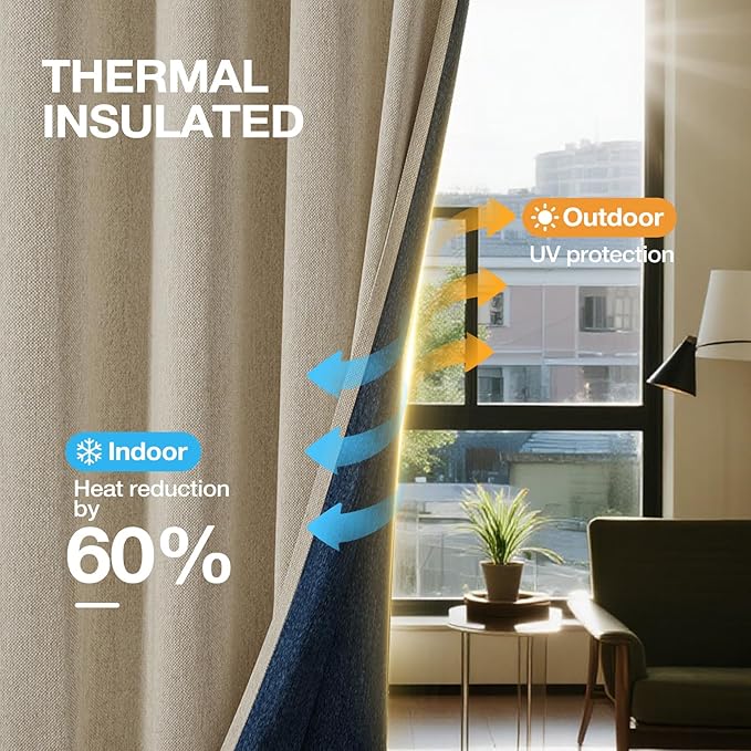 Blackout Curtains 96 inch Length 2 Panels for Living Room, Linen-Look Textured Room Darkening Thermal Insulated Noise Reduction Farmhouse Drapes for Bedroom (W52xL96, Natural)