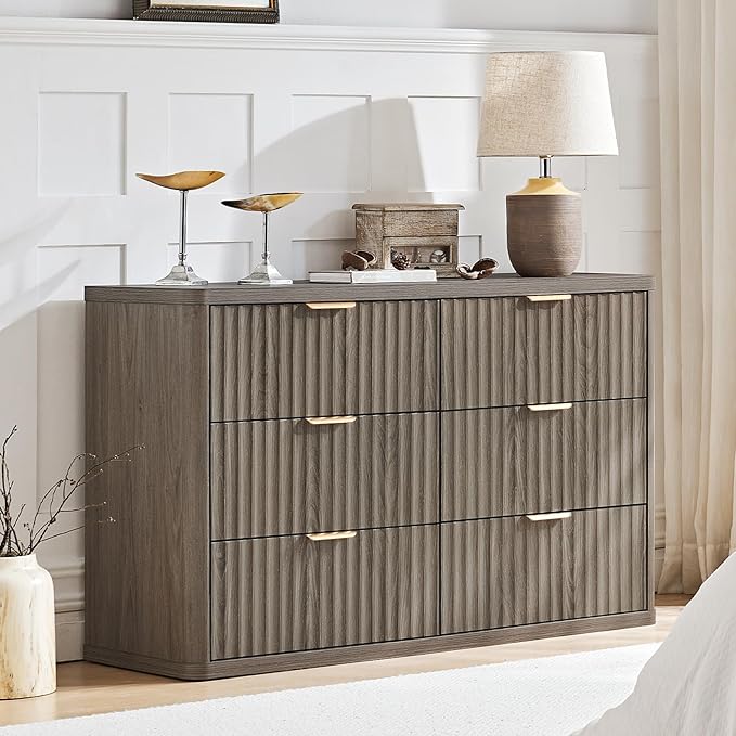 LEYAOYAO Fluted Dressers & Nightstand Set of 4, Wood 48" Wide Dresser & 42" Tall Chest of Drawers,Modern Bedroom Furniture Sets, Grey Wooden Nightstand Set of 2 with 3 Drawers & Charging Station
