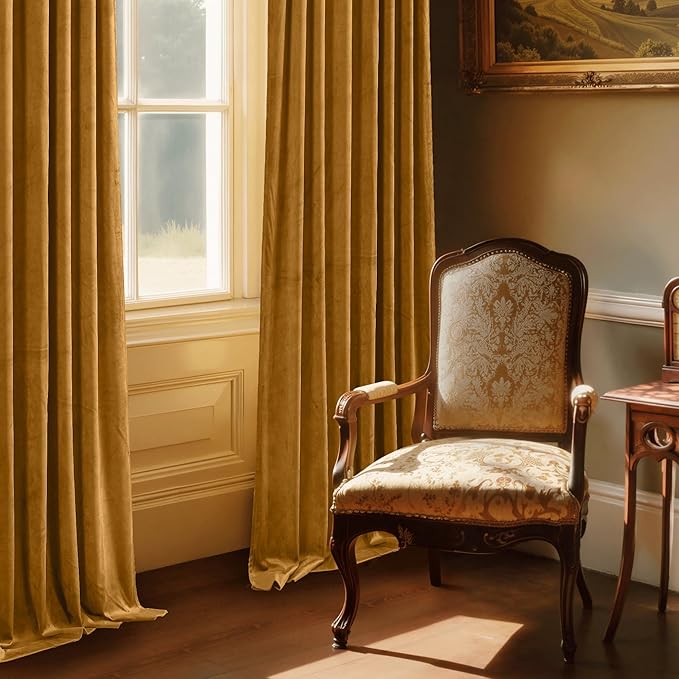 StangH Mustard Gold Curtains - Thick Heavy Velvet Drapes for Bedroom Light Blocking Chill & Heat Resistant Window Panels for Halloween, W52 x L90, 2 Panels