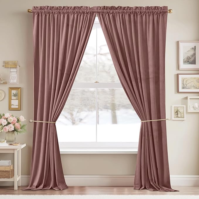 StangH Wild Rose Pink Velvet Curtains - Romantic Room Darkening Drapes for Living Room, Soft Thermal Insulated Privacy Curtains for Kids Bedroom, W52 x L100, 2 Panels