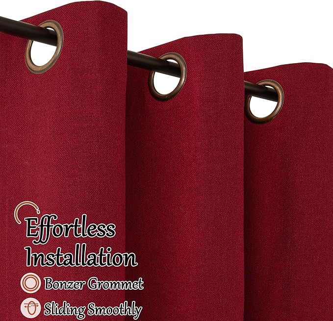 Linen Blackout Christmas Curtains - Red Thermal Insulated Curtains 90 Inch Long for Bedroom Living Room, Thick Heavy Light Blocking Energy Saving Soundproof Drapes Each 52x90 Inch 2 Panels