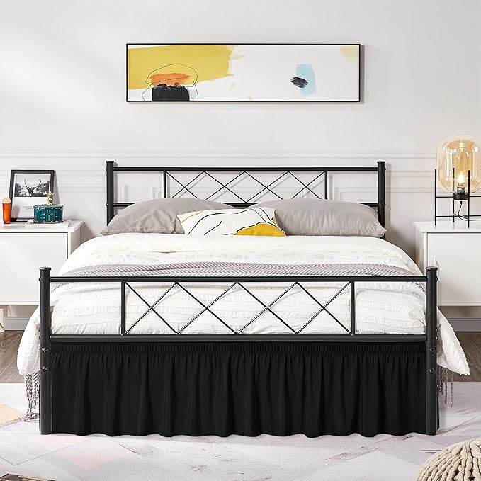 Biscaynebay Wrap Around Bed Skirts with Split Corners for Full Beds 17" Drop, Black Elastic Dust Ruffles Easy Fit Wrinkle & Fade Resistant Silky Luxurious Fabric Solid Machine Washable