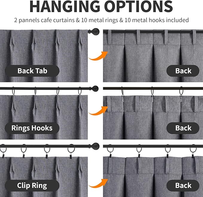 WdFour 24x18 Inch Pinch Pleated Blackout Cafe Curtains - Pack of 2, 100% Light Blocking Back Tab Drapes for Half Windows, Kitchen & Bathroom Short Curtains in Dark Gray