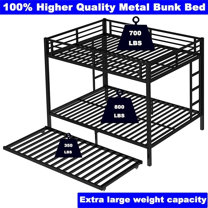 Upgraded Version Thicken Stronger Metal Heavy-Duty Queen Over Queen Bunk Bed with Twin Size Trundle, Bunk Bed Queen Size for Adults with Ladders, Easy Assemble (Queen/Queen)