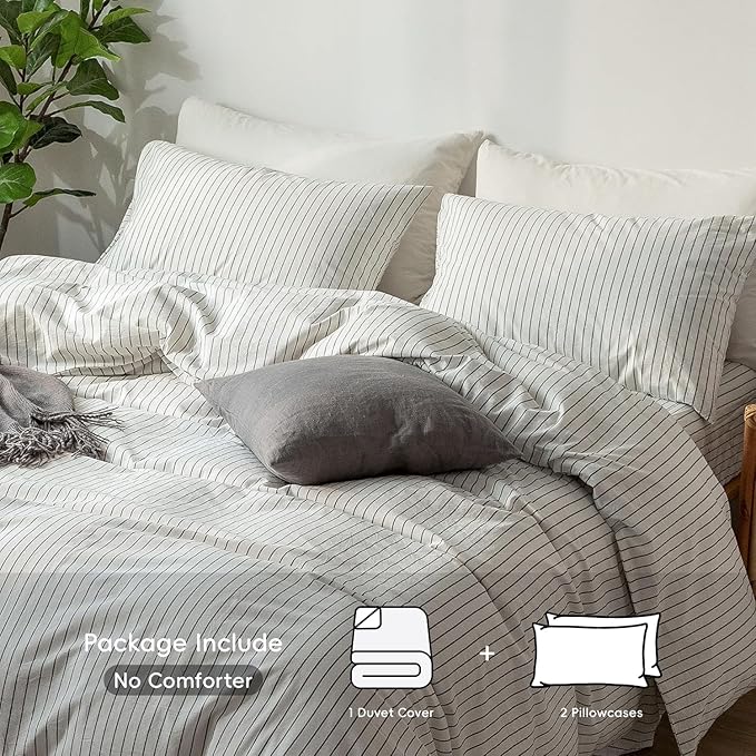 MooMee Striped Duvet Cover Set 100% Washed Cotton Linen Like Textured Breathable Durable Soft Comfy (White Dark Grey Wide Stripes, Palatial King/Oversized King 120"x98")