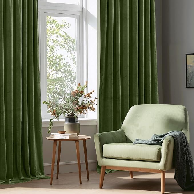 StangH Luxury Moss Green Velvet Curtains for Bedroom, 62 inches Wide Room Darkening Noise Reducing Sliding Door Panels for Dining Room/Office/Apartment, W62 x L84, 2 Panels