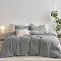 MooMee Striped Duvet Cover Set 100% Washed Cotton Linen Like Textured Breathable Durable Soft Comfy (Dark Grey White Wide Stripes, Palatial King/Oversized King 120"x98")