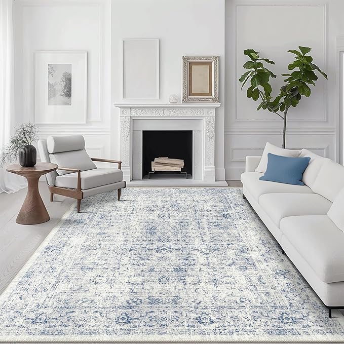 vivorug 5x7 Area Rugs - Ultra-Thin Washable Rug with Non-Slip Backing, Ideal for Living Room, Bedroom, Dining Room Indoor - Vintage, Easy Clean, Durable, Low Pile Rug Blue