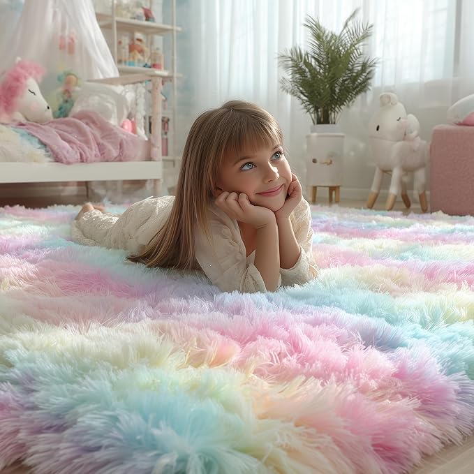 PAGISOFE Fluffy Colorful Rainbow Rugs for Bedroom Girls 5x7, Soft Unicorn Shag Cute Girls Room Rugs for Kids Playroom Living Room Nursery Home Decor, Furry Kawaii Princess Rug,Pastel Shaggy Rug Carpet