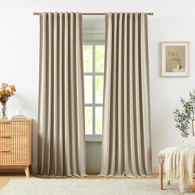 Vision Home Sand Linen Full Blackout Curtains for Bedroom Living Room Darkening Soundproof Window Curtains 112 inch Thermal Insulated Rod Pocket Back Tab Linen Drapes 2 Panels 56" Wx112 L