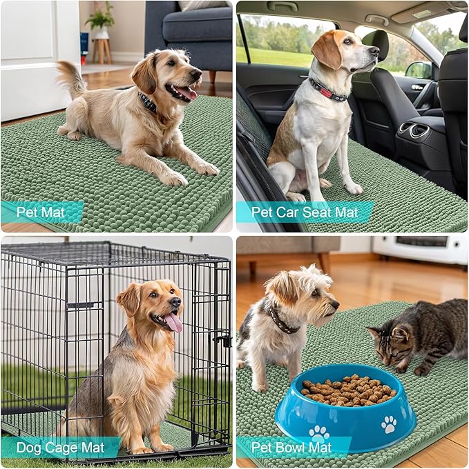 OLANLY Dog Door Mat for Muddy Paws 47x32, Absorbs Moisture and Dirt, Absorbent Non-Slip Washable Doormat, Quick Dry Chenille Mud Mat, Entry Indoor Entryway Carpet for Inside Floor, Olive Green