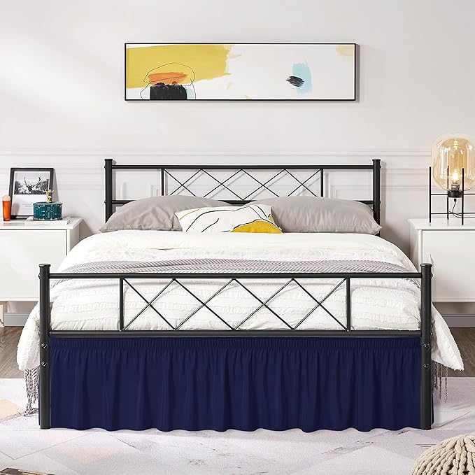 Biscaynebay Wrap Around Bed Skirts with Split Corners for Queen Beds 14" Drop, Navy Elastic Dust Ruffles Adjustable Easy Fit Wrinkle & Fade Resistant Silky Luxurious Fabric Machine Washable