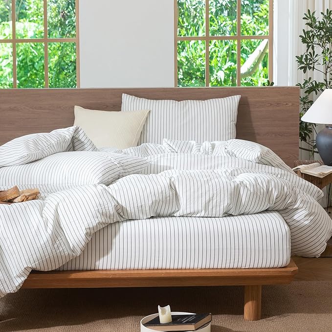 MooMee Striped Duvet Cover Set 100% Washed Cotton Linen Like Textured Breathable Durable Soft Comfy (White Heathered Green Wide Stripes, Super King Plus 120"x120")