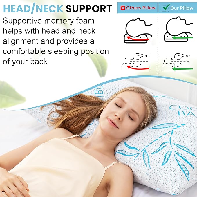 Queen Size 2 Pack Rayon Made from Bamboo Pillows for Sleeping, Cooling Shredded Memory Foam Adjustable Bed Pillow with, Removable/Washable Cover (Queen 2 Pack)