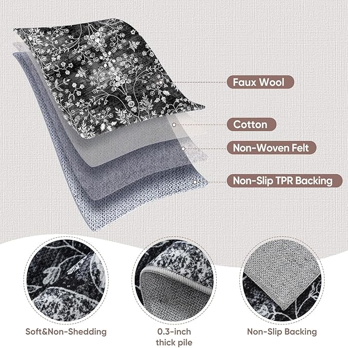 3x8 Hallway Washable Runner Rug: Extra Long Kitchen Runner Non Slip Floral Rugs Printed Faux Wool Low Pile Soft Indoor Floor Carpet for Bedroon Dining Living Room Bathroom Black White 3x8
