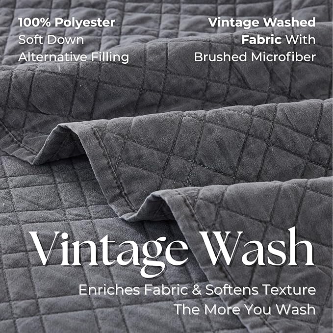Twin Quilt Set with Sham Lightweight Quilted Bedspread Coverlet Thin Comforter Bed Cover Vintage Washed Quilted Blanket for All Season, Brushed Microfiber Diamond Stitching, Ash Gray, 66"x92"
