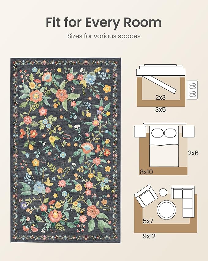 Amada 2x3 Washable Area Rug, Non-Slip & Low-Profile Entryway Rug with Reinforced Edge Binding, Boho Floral Pattern, Soft Small Rugs for Entryway, Kitchen, Living Room