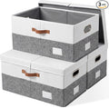 PRANDOM Storage Bins with Lids [3-Pack] Linen Fabric Foldable Storage Boxes Organizer Containers Baskets Cube with Cover Grey&White (23.4X15.9X11.4)