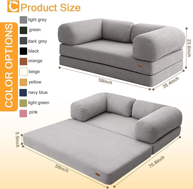 COMAX Folding Sofa Bed Queen, 4-in-1 Foldable Floor Couch Convertible Futon Sofa with Armrests Sleeper Mattress Chair Bed Comfy Portable Fold Out Lounge Guest for Living Room Bedroom, Light Grey