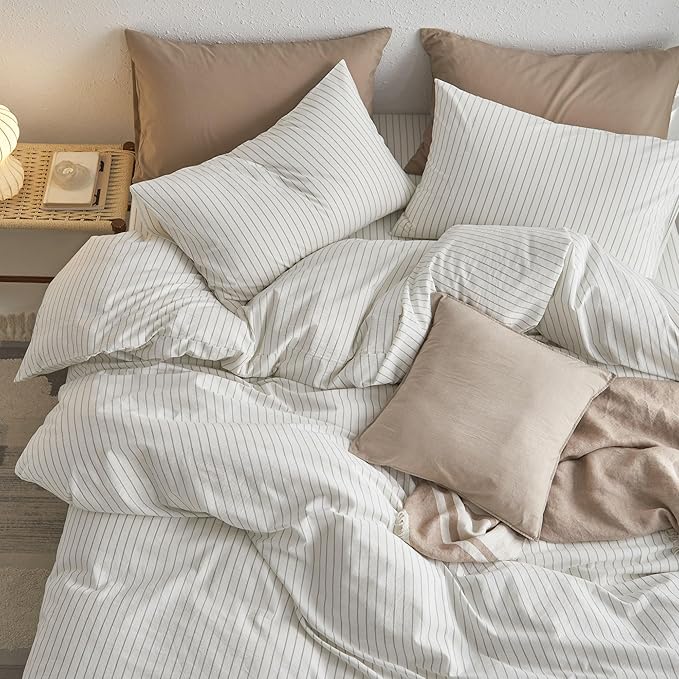 MooMee Striped Duvet Cover Set 100% Washed Cotton Linen Like Textured Breathable Durable Soft Comfy (White Sage Green Wide Stripes, Alaska King 132"x120")