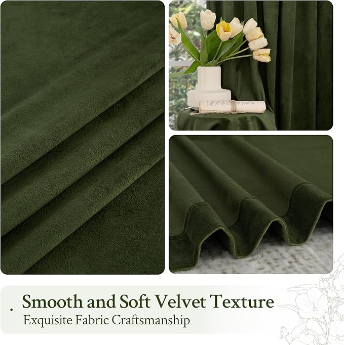 LAMIT 90 Inches Velvet Curtains for Living Room, Olive Green Thermal Insulated Blackout Curtains Luxury Room Darkening Back Tab and Rod Pocket Window Drapes for Bedroom, 2 Panels, 52 x 90 Inch